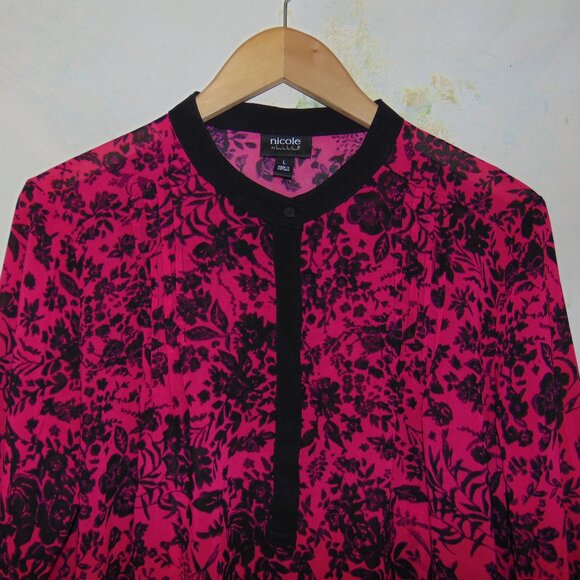 Nicole by Nicole Miller Ombre Pink Sheer Black Floral Button Up Collar Blouse L - Picture 7 of 11